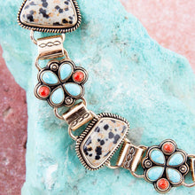 Load image into Gallery viewer, Legacy Blue Turquoise and Dalmatian Jasper Golden Bracelet