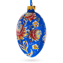 Load image into Gallery viewer, Golden Blue Floral Glass Egg Ornament 4 Inches