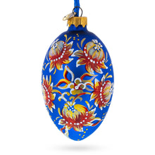 Load image into Gallery viewer, Golden Blue Floral Glass Egg Ornament 4 Inches