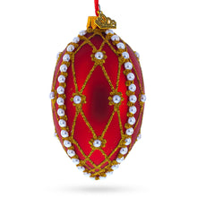 Load image into Gallery viewer, White Pearl Trellis On Red Glass Egg Christmas Ornament 4 Inches
