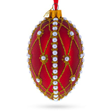 Load image into Gallery viewer, White Pearl Trellis On Red Glass Egg Christmas Ornament 4 Inches