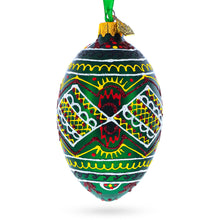 Load image into Gallery viewer, Green Geometric Pysanka Ukrainian Egg Glass Christmas Ornament 4 Inches
