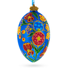 Load image into Gallery viewer, Colorful Flowers on Blue Glass Egg Ornament 4 Inches