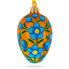 Load image into Gallery viewer, Blue Flowers on Orange Glass Egg Ornament 4 Inches