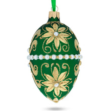 Load image into Gallery viewer, Beaded Center &amp; Golden Flowers On Green Glass Egg Ornament 4 Inches