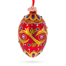 Load image into Gallery viewer, Blue Jewels On Red Glass Egg Ornament 4 Inches