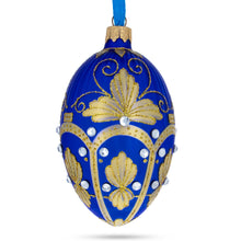 Load image into Gallery viewer, Golden Pearls on Blue Guilloche Glass Egg Christmas Ornament 4 Inches