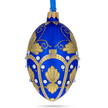 Load image into Gallery viewer, Golden Pearls on Blue Guilloche Glass Egg Christmas Ornament 4 Inches
