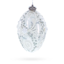 Load image into Gallery viewer, Silver Glitter Scrolls, Pearls &amp; Rose Accents Winter Elegance Glass Egg Ornament 4 Inches