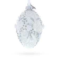 Load image into Gallery viewer, Silver Glitter Scrolls, Pearls &amp; Rose Accents Winter Elegance Glass Egg Ornament 4 Inches