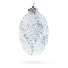 Load image into Gallery viewer, Silver Glitter Scrolls, Pearls &amp; Rose Accents Winter Elegance Glass Egg Ornament 4 Inches