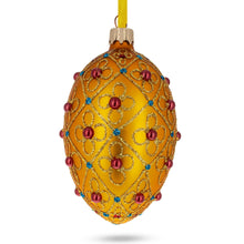 Load image into Gallery viewer, Red Beads, Blue Crystals &amp; Filigree Trellis Glitter on Gold Glass Egg Ornament 4 Inches