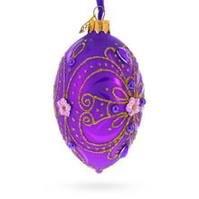 Load image into Gallery viewer, Royal Purple and Gold Glitter Scrollwork &amp; Gem Accents Glass Egg Christmas Ornament 4 Inches