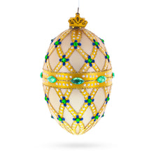 Load image into Gallery viewer, Yellow Trellis, Green Gems &amp; Royal Blue Accents Glass Egg Ornament 4 Inches