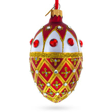 Load image into Gallery viewer, Jeweled Gold Trellis on Red and White Glass Egg Christmas Ornament 4 Inches