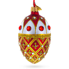 Load image into Gallery viewer, Jeweled Gold Trellis on Red and White Glass Egg Christmas Ornament 4 Inches