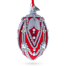 Load image into Gallery viewer, Silver Ropes on Red Glass Egg Christmas Ornament 4 Inches
