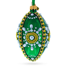 Load image into Gallery viewer, White Pearls on Green Glass Egg Christmas Ornament 4 Inches