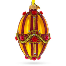 Load image into Gallery viewer, Golden Stripes over Pearls and Roses Glass Egg Christmas Ornament 4 Inches