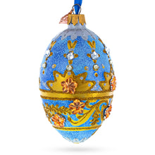 Load image into Gallery viewer, Golden Flowers on Speckled Blue Glass Egg Christmas Ornament 4 Inches