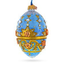 Load image into Gallery viewer, Golden Flowers on Speckled Blue Glass Egg Christmas Ornament 4 Inches