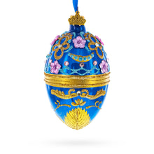 Load image into Gallery viewer, Flowers on Glossy Blue Glass Egg Christmas Ornament 4 Inches