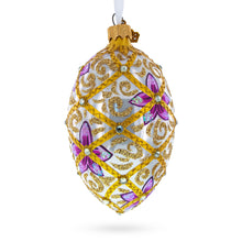 Load image into Gallery viewer, Purple Flowers on Golden Scroll Glass Egg Christmas Ornament 4 Inches