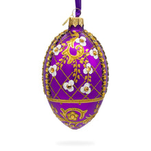 Load image into Gallery viewer, White Flowers on Purple Lattice Glass Egg Ornament 4 Inches