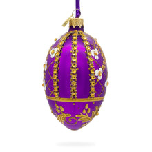 Load image into Gallery viewer, White Flowers on Purple Lattice Glass Egg Ornament 4 Inches