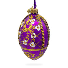 Load image into Gallery viewer, White Flowers on Purple Lattice Glass Egg Ornament 4 Inches