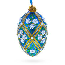 Load image into Gallery viewer, White Pearl Flowers on Blue Glass Egg Ornament 4 Inches