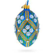 Load image into Gallery viewer, White Pearl Flowers on Blue Glass Egg Ornament 4 Inches