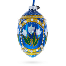 Load image into Gallery viewer, Blue Flowers with Pearls and Glitter Glass Egg Ornament 4 Inches