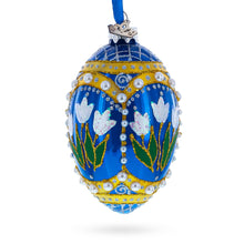 Load image into Gallery viewer, Blue Flowers with Pearls and Glitter Glass Egg Ornament 4 Inches
