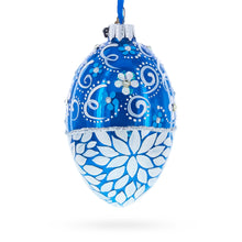 Load image into Gallery viewer, White Pearled Flowers on Glossy Blue Glass Egg Ornament 4 Inches