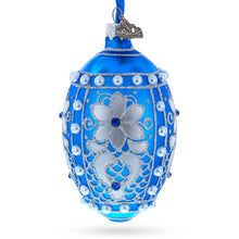 Load image into Gallery viewer, Pearls on Blue Glass Egg Ornament 4 Inches
