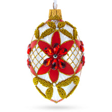 Load image into Gallery viewer, Red Jeweled Stars on White Glass Egg Ornament 4 Inches