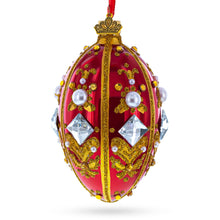 Load image into Gallery viewer, Diamonds and Pearls on Red Glass Egg Ornament 4 Inches