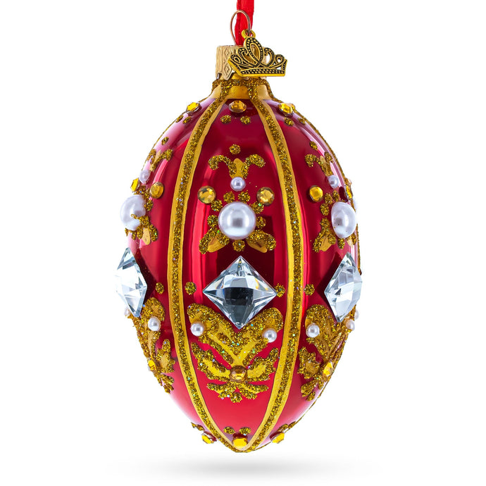 Diamonds and Pearls on Red Glass Egg Ornament 4 Inches