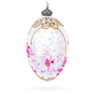 Pink Pearls on Clear Glass Egg Ornament 4 Inches