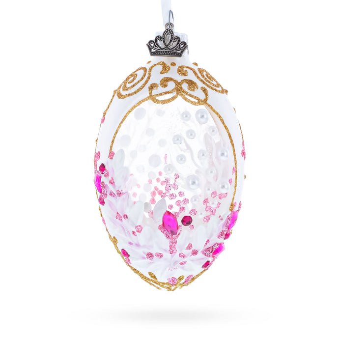 Pink Pearls on Clear Glass Egg Ornament 4 Inches