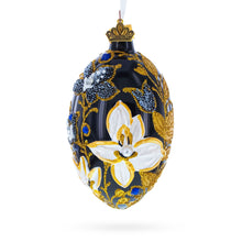 Load image into Gallery viewer, Black and Gold Floral with Jewel Accents Glass Egg Ornament 4 Inches