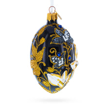 Load image into Gallery viewer, Black and Gold Floral with Jewel Accents Glass Egg Ornament 4 Inches