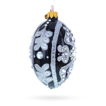 Load image into Gallery viewer, Silver and Crystal Floral Pattern on Black Glass Egg Ornament 4 Inches