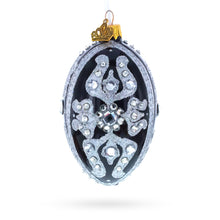Load image into Gallery viewer, Silver and Crystal Floral Pattern on Black Glass Egg Ornament 4 Inches