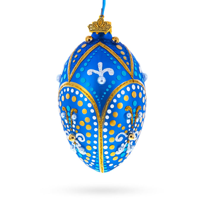 Royal Blue and Gold Festive Design Glass Egg Ornament 4 Inches