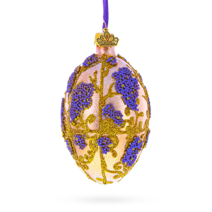 Golden Amber with Lavender Blossoms Beaded Glass Egg Ornament 4 Inches