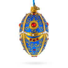 Load image into Gallery viewer, Royal Blue and Gold Ornate Jeweled Glass Egg Ornament 4 Inches