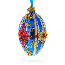 Load image into Gallery viewer, Sapphire with Red Floral Gemstone Embellishments Glass Egg Ornament 4 Inches