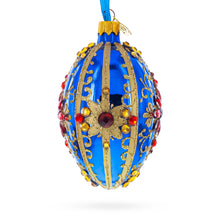 Load image into Gallery viewer, Sapphire with Red Floral Gemstone Embellishments Glass Egg Ornament 4 Inches